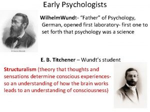 Early Psychologists Wilhelm Wundt Father of Psychology German