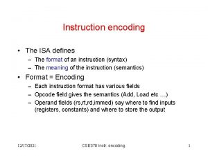 Instruction encoding The ISA defines The format of