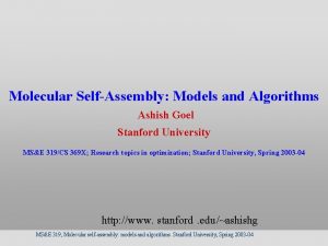 Molecular SelfAssembly Models and Algorithms Ashish Goel Stanford