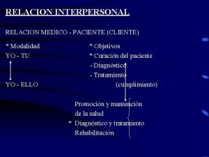 RELACION INTERPERSONAL RELACION MEDICO PACIENTE CLIENTE Modalidad YO