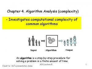 Chapter 4 Algorithm Analysis complexity Investigates computational complexity