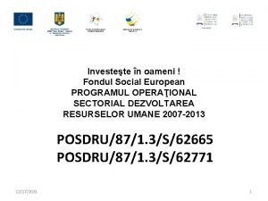 Investete n oameni Fondul Social European PROGRAMUL OPERAIONAL