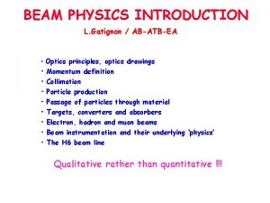 BEAM PHYSICS INTRODUCTION L Gatignon ABATBEA Optics principles