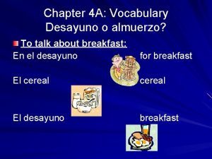 Chapter 4 A Vocabulary Desayuno o almuerzo To