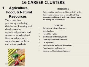 16 CAREER CLUSTERS 1 Agriculture Food Natural Resources