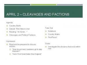 APRIL 2 CLEAVAGES AND FACTIONS Agenda Country Briefs