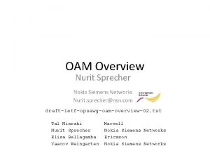 OAM Overview Nurit Sprecher Nokia Siemens Networks Nurit
