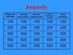 Jeopardy Ratios and Unit Rates Solving Percent Proportions