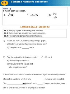 5 5 Complex Numbers and Roots Warm Up