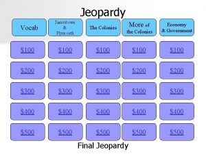 Jeopardy Jamestown Plymouth The Colonies 100 200 More