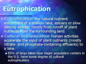 Eutrophication n Eutrophication the natural nutrient enrichment of