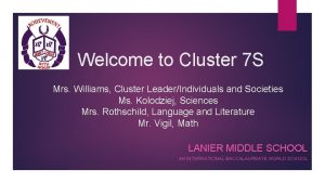 Welcome to Cluster 7 S Mrs Williams Cluster