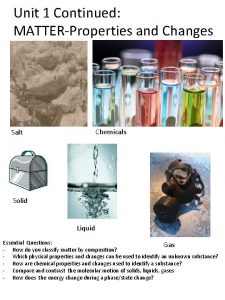 Unit 1 Continued MATTERProperties and Changes Chemicals Salt