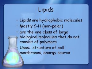 Lipids Lipids are hydrophobic molecules Mostly CH nonpolar