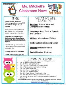 December 2017 Ms Mitchells Classroom News PBL Driving