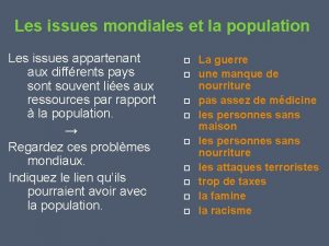 Les issues mondiales et la population Les issues