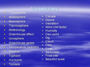 Vocabulary Troposphere stratosphere Mesosphere Thermosphere Meteorology Greenhouse effect