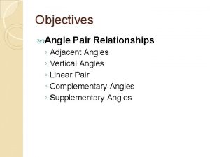 Objectives Angle Pair Relationships Adjacent Angles Vertical Angles