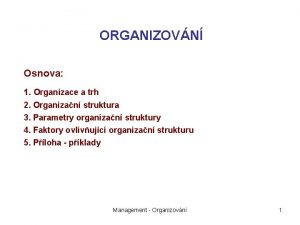 ORGANIZOVN Osnova 1 Organizace a trh 2 Organizan
