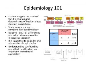 Epidemiology 101 Epidemiology is the study of the