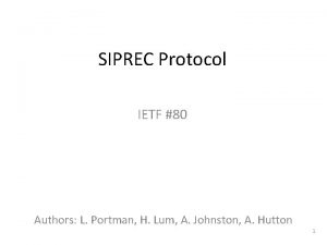 SIPREC Protocol IETF 80 Authors L Portman H