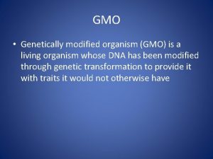 GMO Genetically modified organism GMO is a living