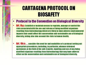 CARTAGENA PROTOCOL ON BIOSAFETY Protocol to the Convention