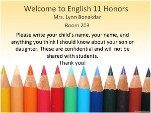 Welcome to English 11 Honors Mrs Lynn Bonakdar