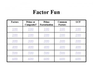 Factor Fun Factors Prime or Composite Prime Factorization
