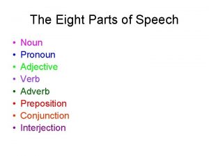 The Eight Parts of Speech Noun Pronoun Adjective