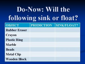 DoNow Will the following sink or float OBJECT