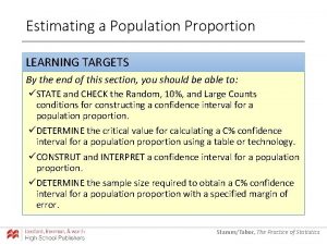 Estimating a Population Proportion LEARNING TARGETS By the