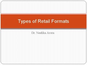 Types of Retail Formats Dr Neelika Arora Introduction