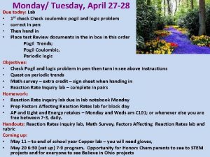 Monday Tuesday April 27 28 Due today Lab
