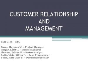 CUSTOMER RELATIONSHIP AND MANAGEMENT BSIT 4106 05 A