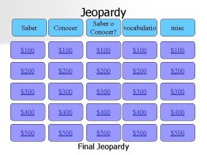 Jeopardy Saber o vocabulario Conocer Saber Conocer 100