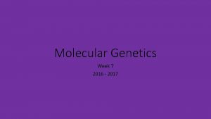Molecular Genetics Week 7 2016 2017 Chris Starr