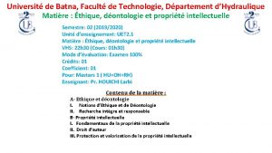 Universit de Batna Facult de Technologie Dpartement dHydraulique