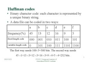 Huffman codes Binary character code each character is