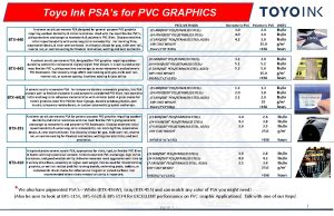 Toyo Ink PSAs for PVC GRAPHICS PSTC METHODS