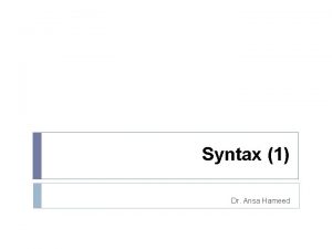 Syntax 1 Dr Ansa Hameed Previously Morphology Morpheme