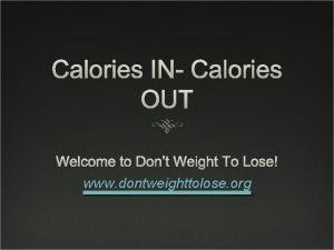 Calories IN Calories OUT Welcome to Dont Weight