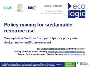 Ecologic Institute ecologic eu Policy mixing for sustainable