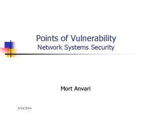 Points of Vulnerability Network Systems Security Mort Anvari