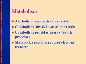 Metabolism Anabolism synthesis of materials n Catabolism breakdown