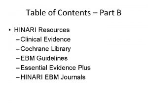 Table of Contents Part B HINARI Resources Clinical