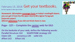 February 13 2018 Get your textbooks Do Now