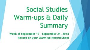 Social Studies Warmups Daily Summary Week of September