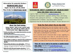 Information for potential climbers KILIMANJARO 2014 Sept 1