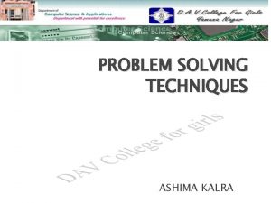 PROBLEM SOLVING TECHNIQUES ASHIMA KALRA Index Pseudo code